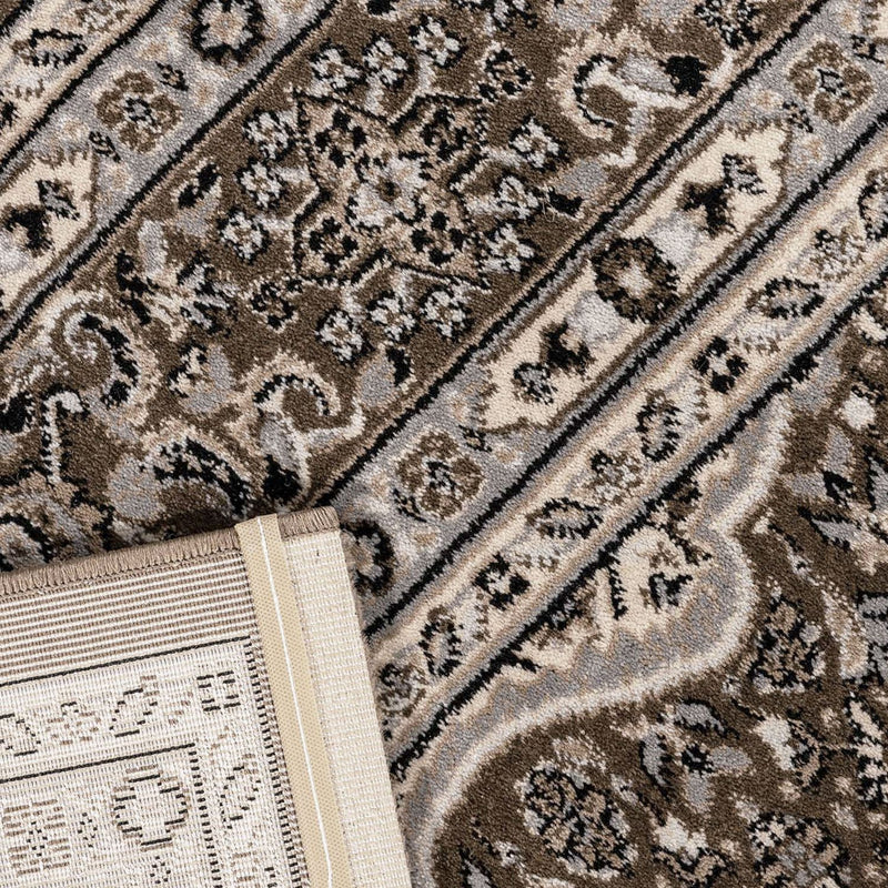 Living room rug, oriental style, ornamental border, brown and beige-zoom-