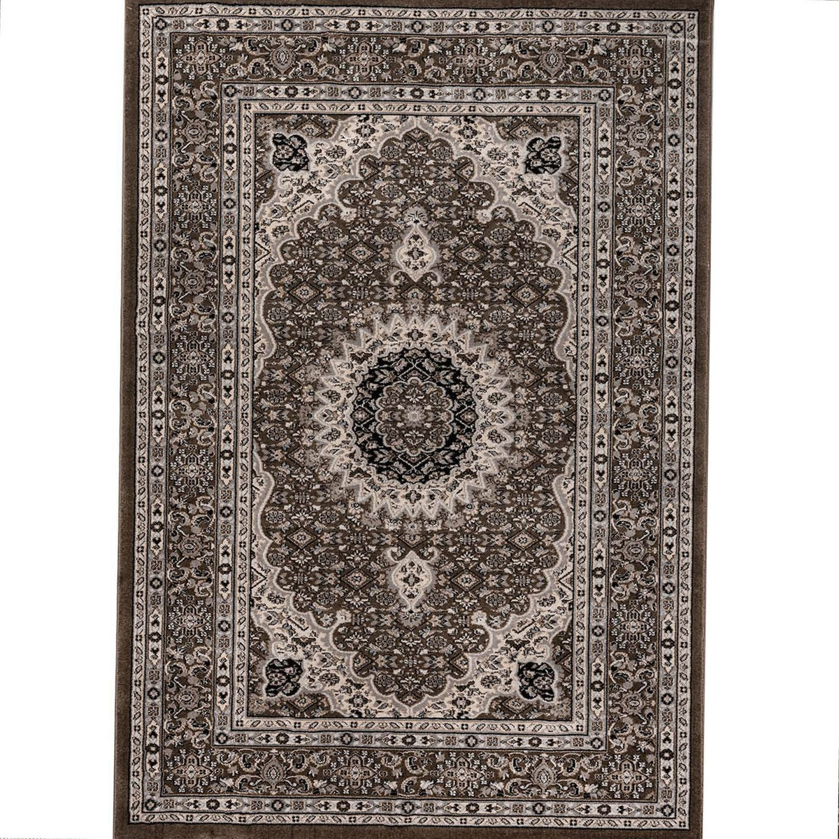 Living room rug, oriental style, ornamental border, brown and beige