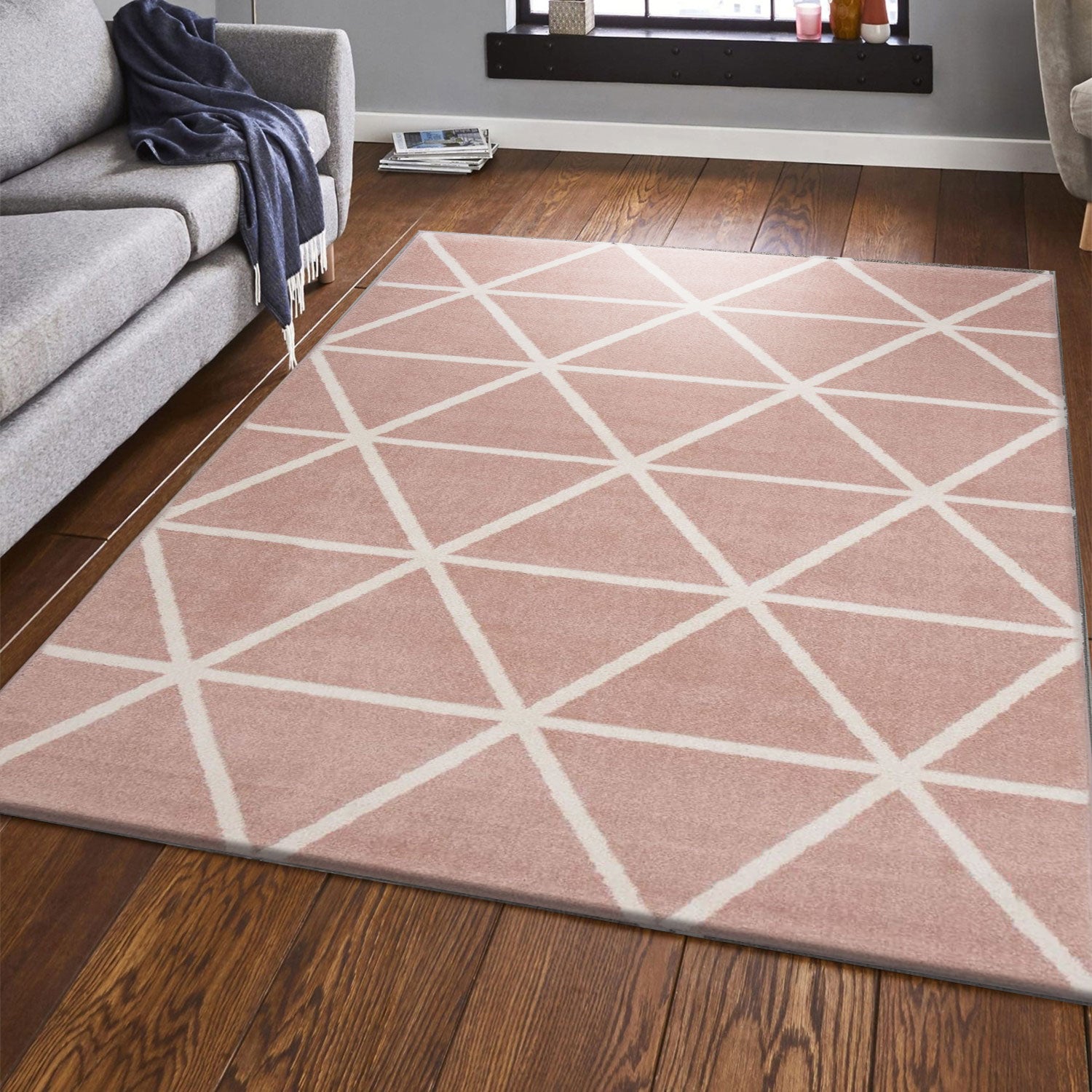 Short-pile rug in pastel white diamond design, durable, available in various colors, for living room, bedroom, kitchen
