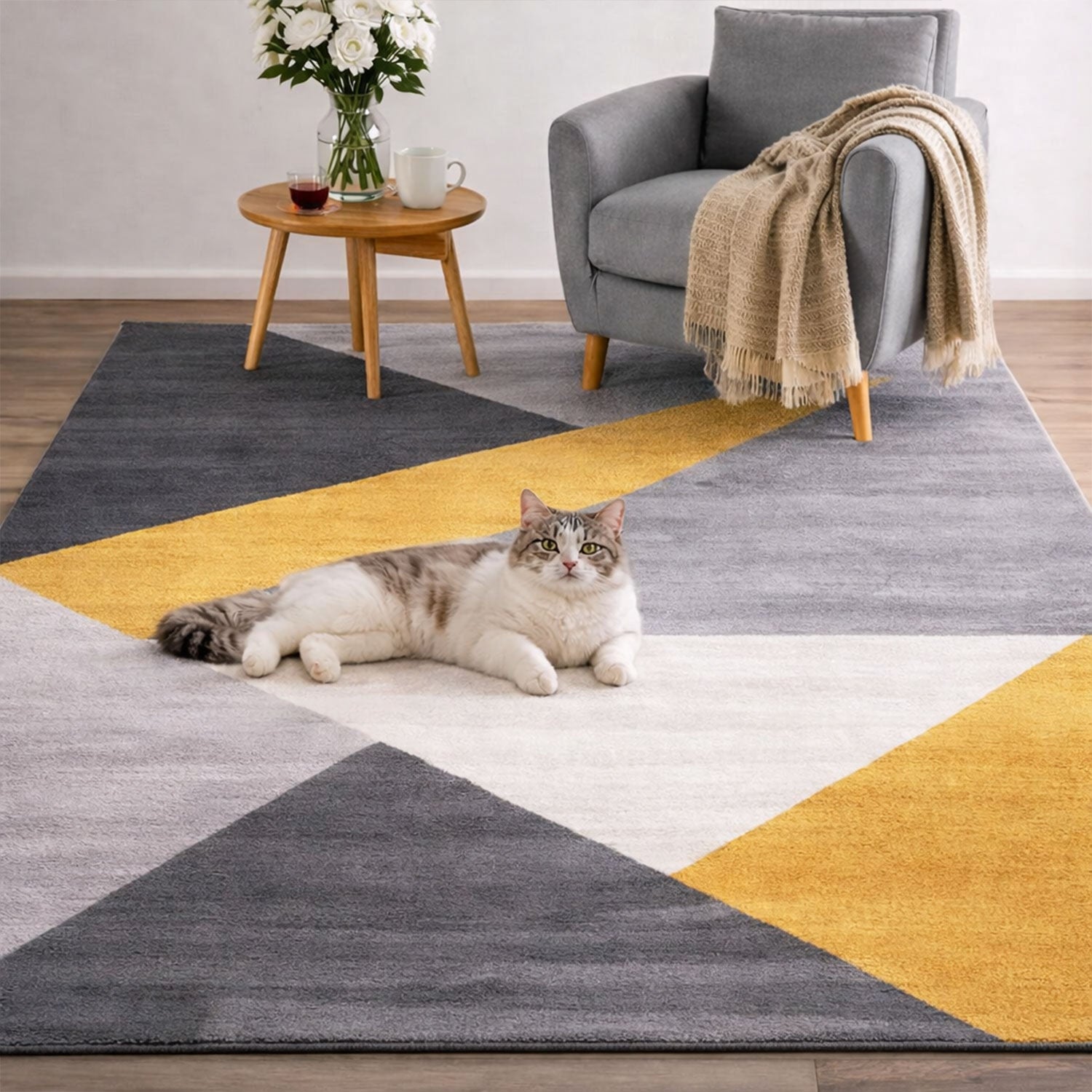 Carpet for living room, bedroom, hallway, geometric pattern, yellow