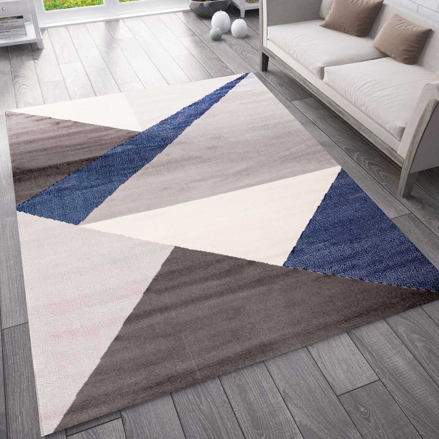 Carpet for living room, bedroom, hallway, geometric pattern, blue-zoom-1
