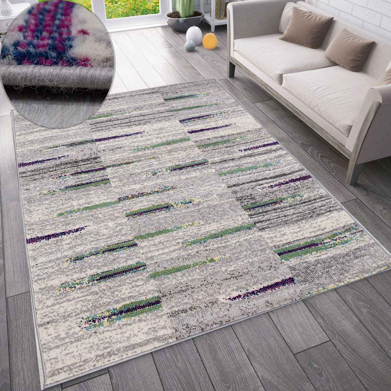 Teppich Wohnzimmer Schlafzimmer Flur Teppich Gestreift Muster in Grau & Gelb-zoom-2