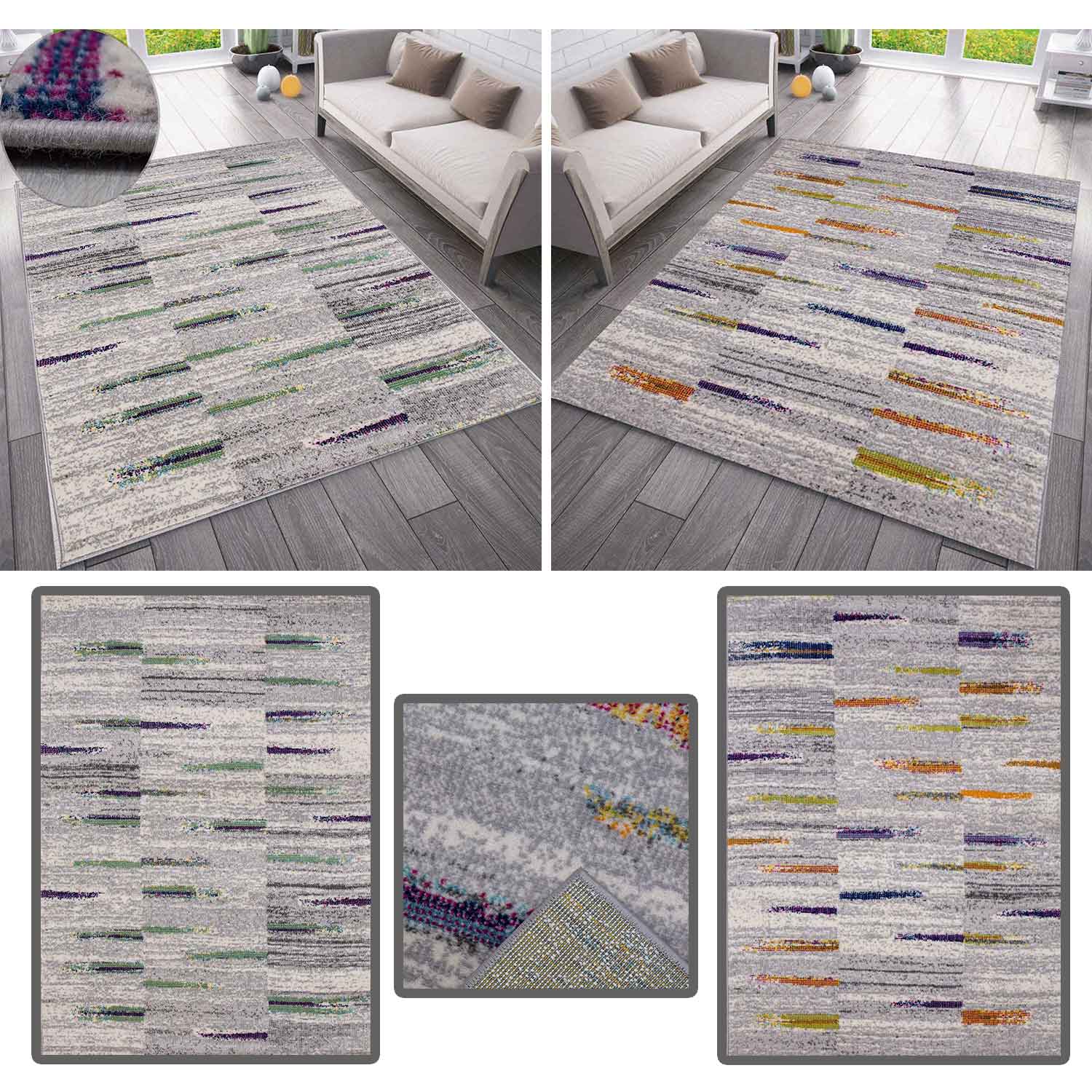 Teppich Wohnzimmer Schlafzimmer Flur Teppich Gestreift Muster in Grau & Gelb-zoom-1