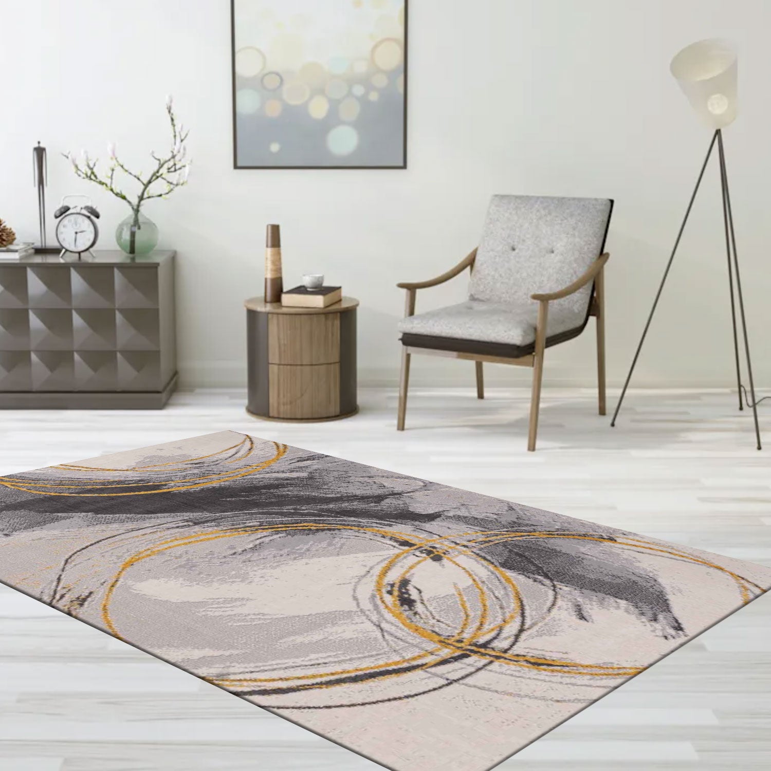 Carpet for living room, bedroom, hallway, short pile carpet with swirl pattern in yellow and cream-1