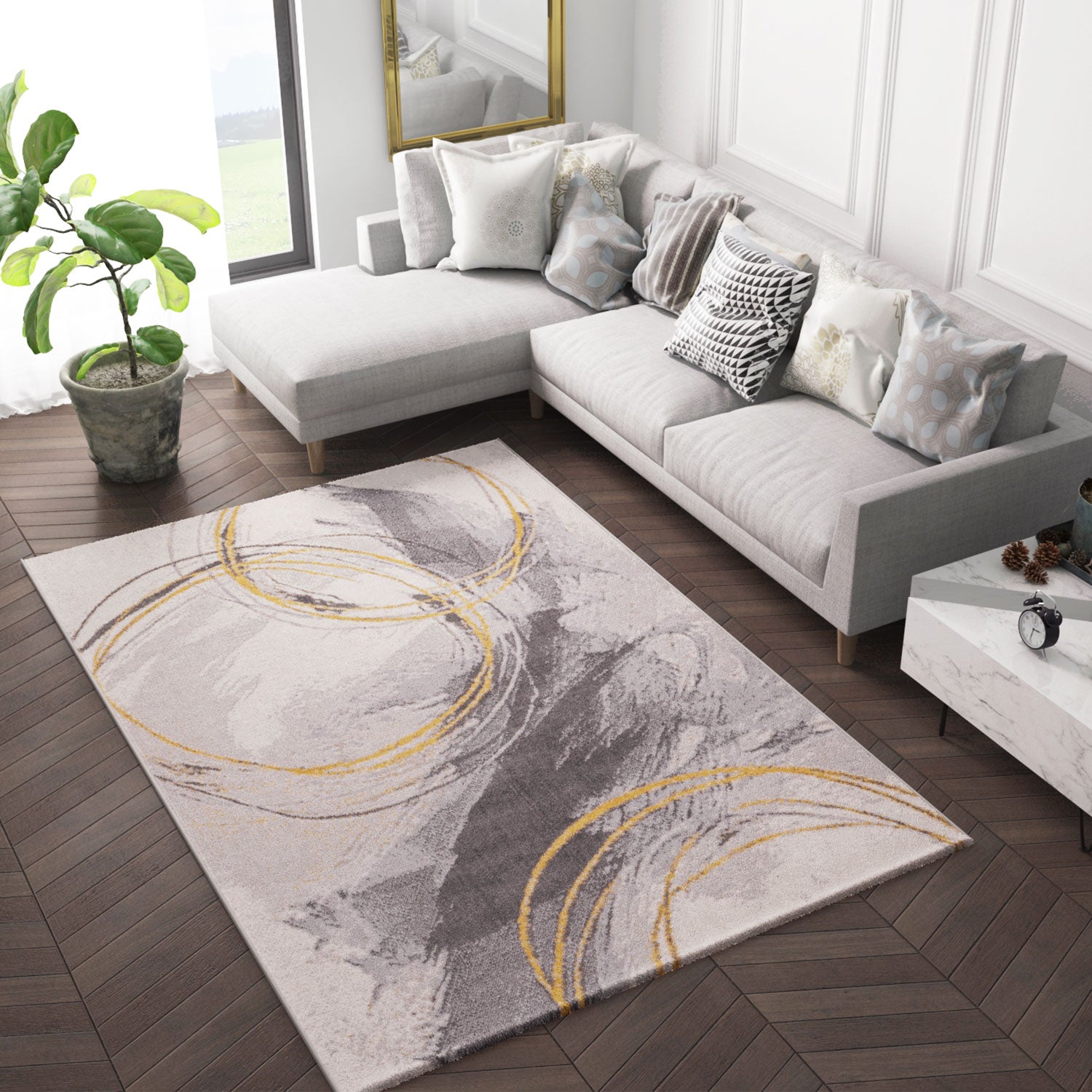 Carpet for living room, bedroom, hallway, short pile carpet with swirl pattern in yellow and cream-3