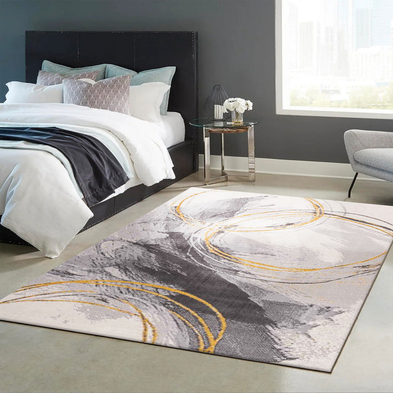 Carpet for living room, bedroom, hallway, short pile carpet with swirl pattern in yellow and cream-zoom-