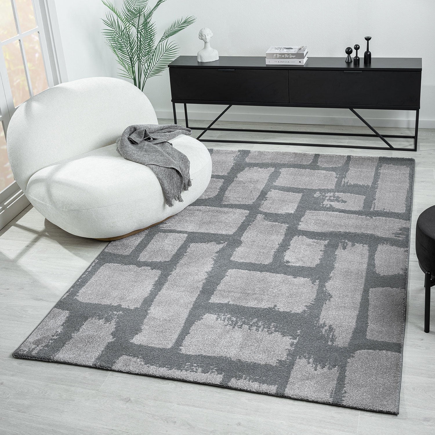 Short-pile rug for living room/bedroom, high-quality, stone pattern, grey/anthracite-1