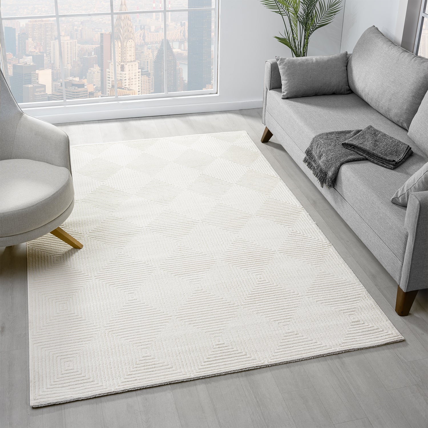Carpet for living room/bedroom, short pile, baklava design, high-low effect, modern 3D-zoom-1