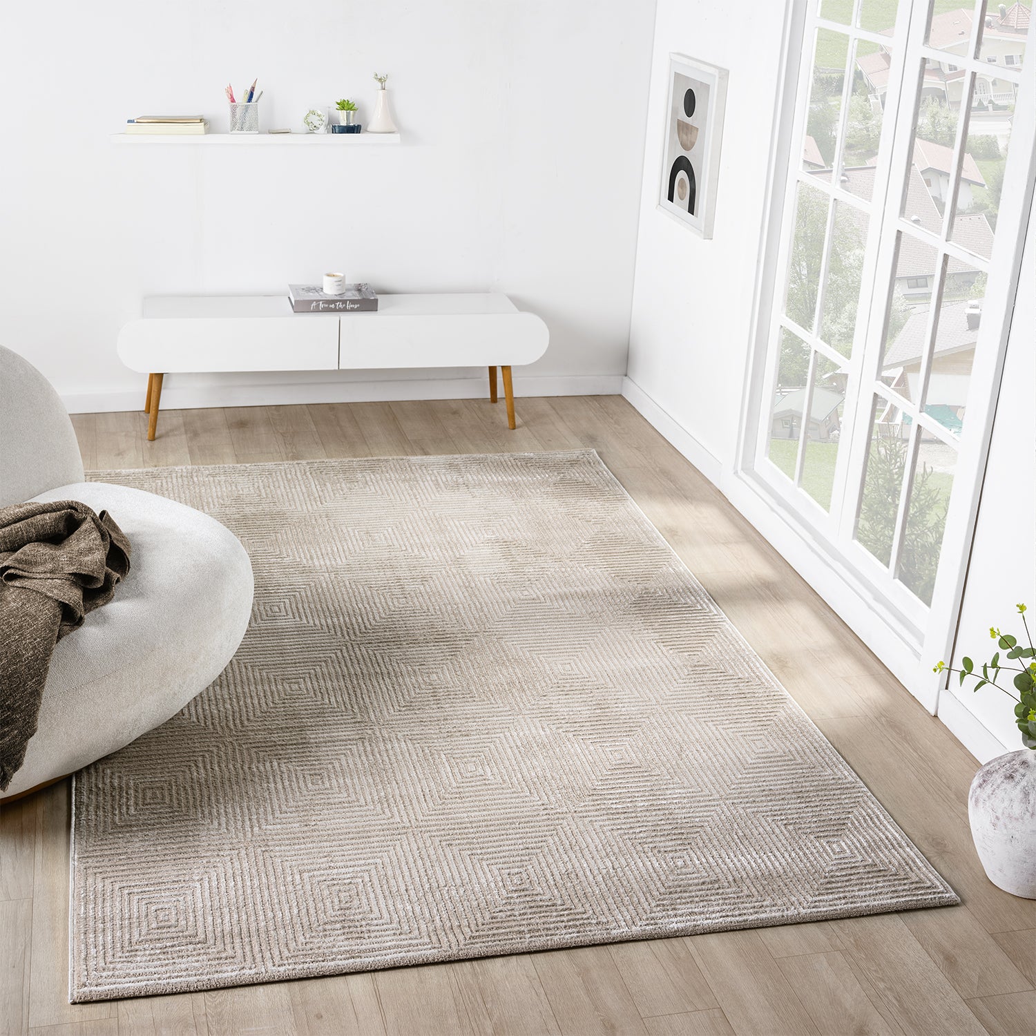 Carpet for living room/bedroom, short pile, baklava design, high-low effect, modern 3D-zoom-13