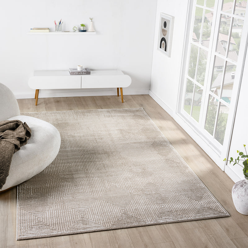 Carpet for living room/bedroom, short pile, baklava design, high-low effect, modern 3D-zoom-