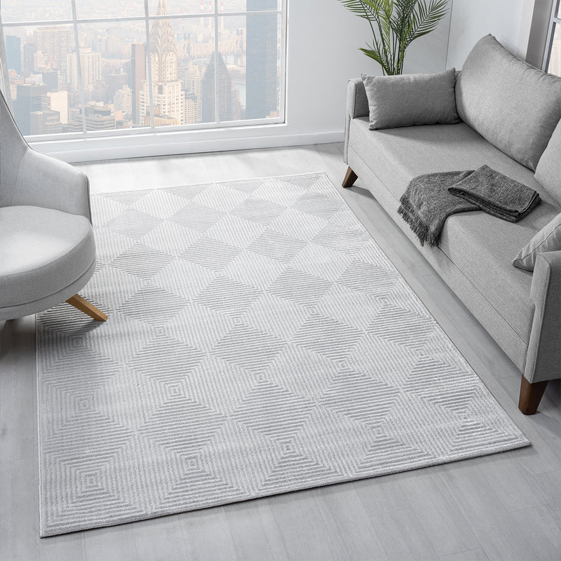 Carpet for living room/bedroom, short pile, baklava design, high-low effect, modern 3D-zoom-