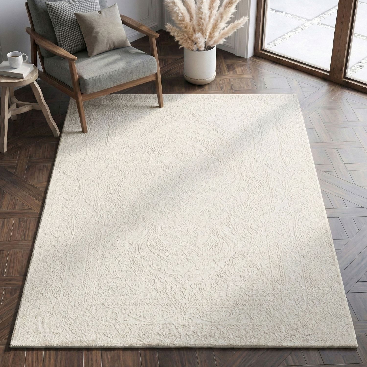 Carpet for living room, bedroom, hallway, kitchen; short pile; oriental design; vintage; high-low effect; modern; 3D; soft-zoom-1
