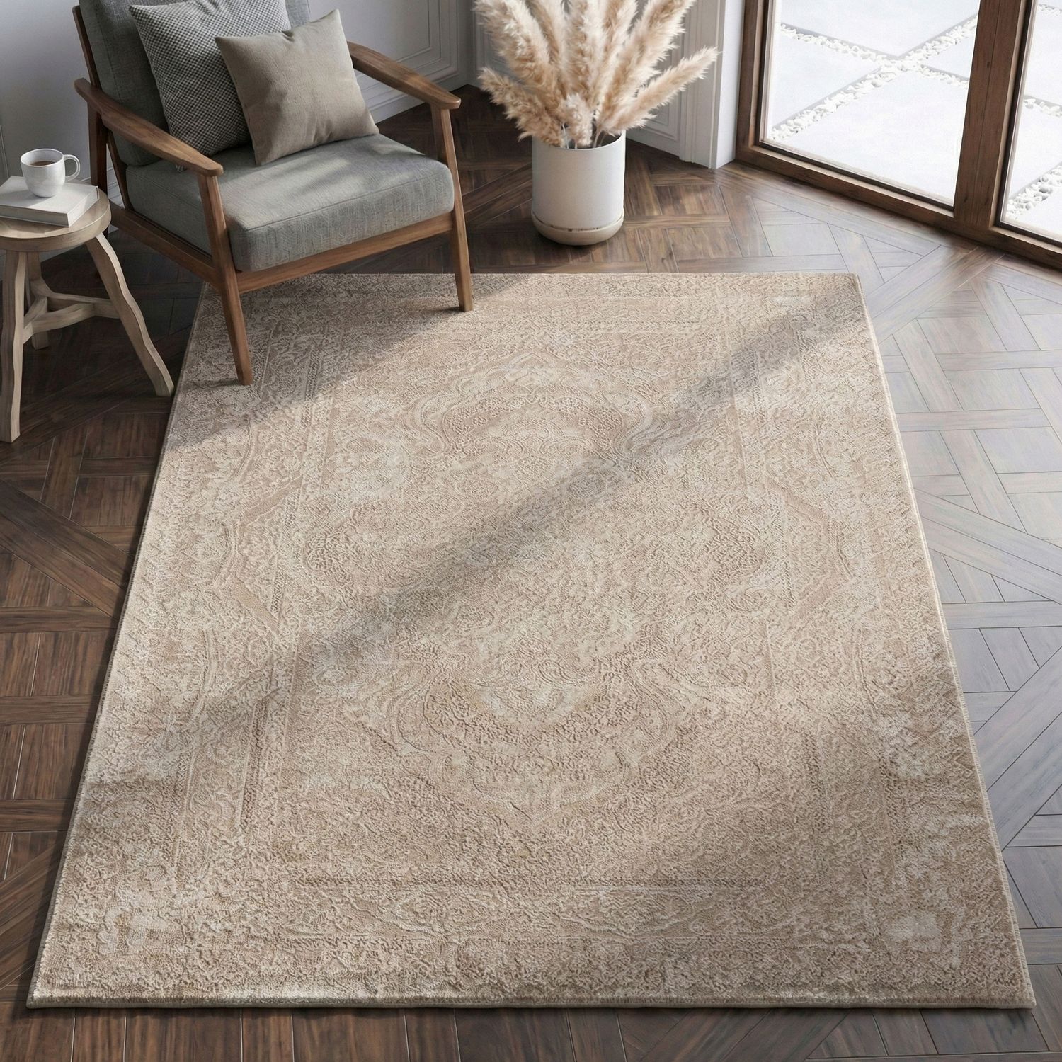 Carpet for living room, bedroom, hallway, kitchen; short pile; oriental design; vintage; high-low effect; modern; 3D; soft-17