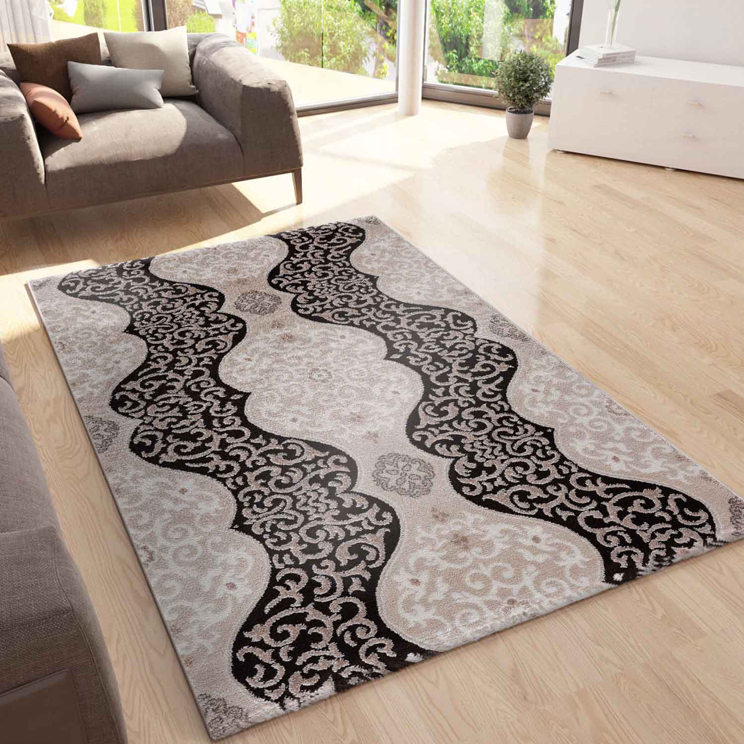 Teppich kurzflor Moderner Orientteppich mit Glitzergarn in Braun Beige Schwarz, für Wohnzimmer, Schlafzimmer-1