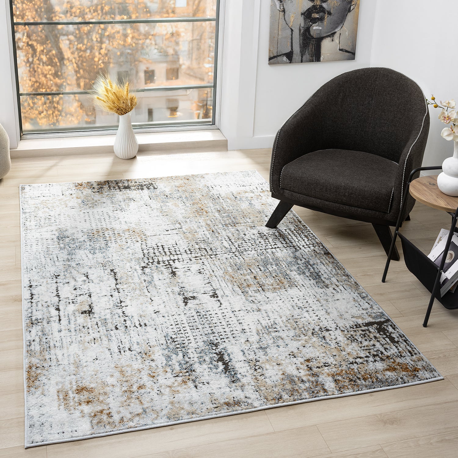 Living room rug, vintage look, beige; colorful mix rug, short pile, boho, used look, motif