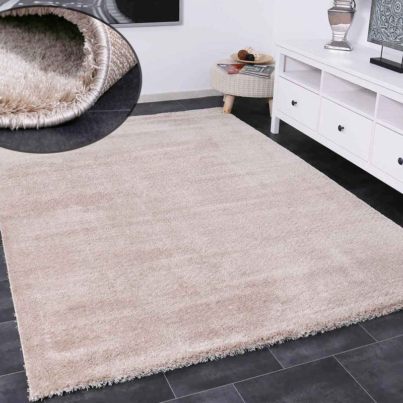 Shaggy high-pile rug in beige, fluffy microfiber, dense and soft, for living room, bedroom-zoom-