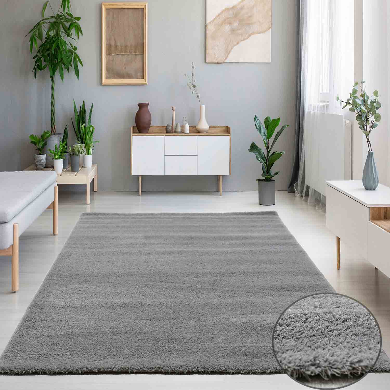 Living room rug in light grey, fluffy microfiber, densely woven - soft-1
