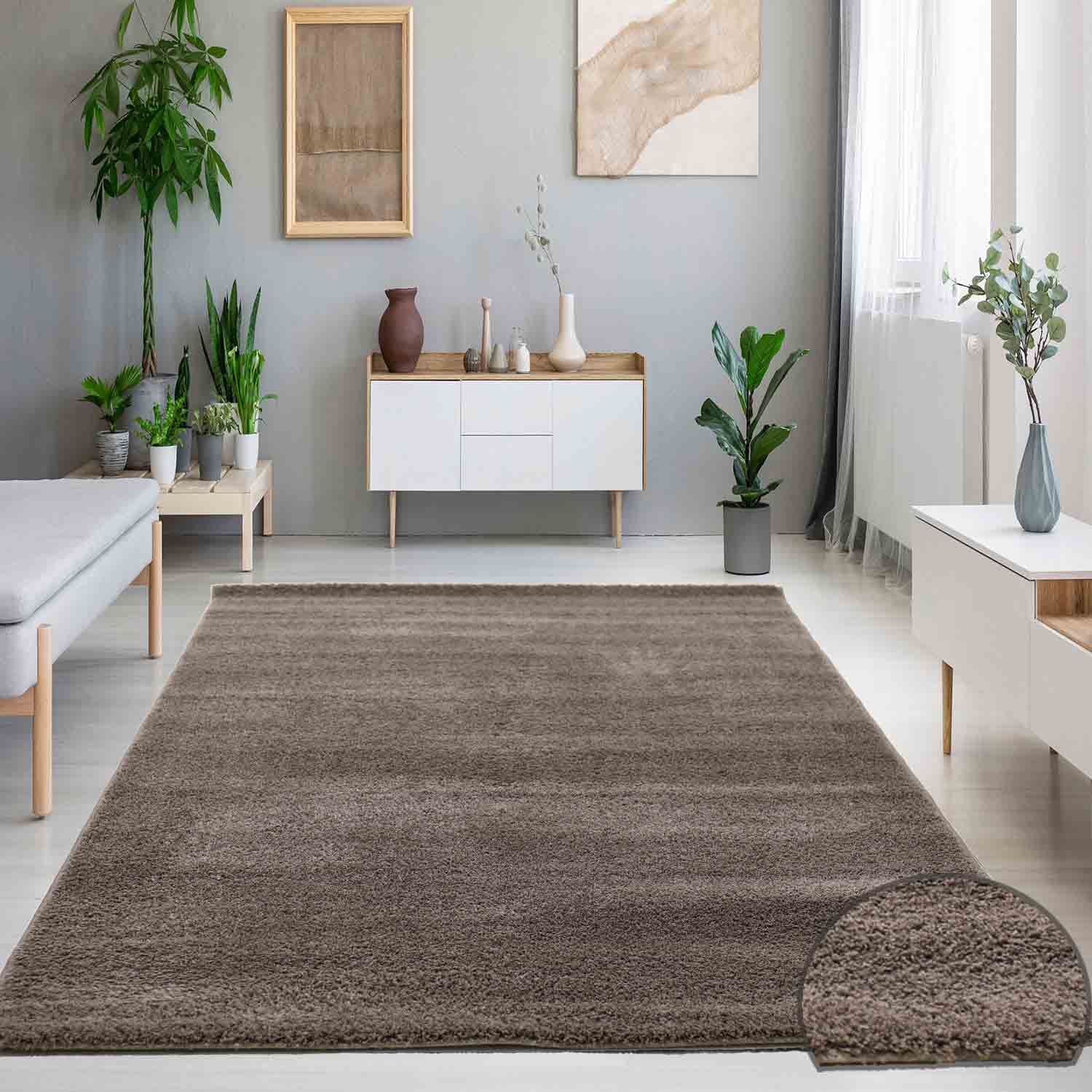 Living room rug in L. Braun, fluffy microfiber, densely woven - soft-zoom-1