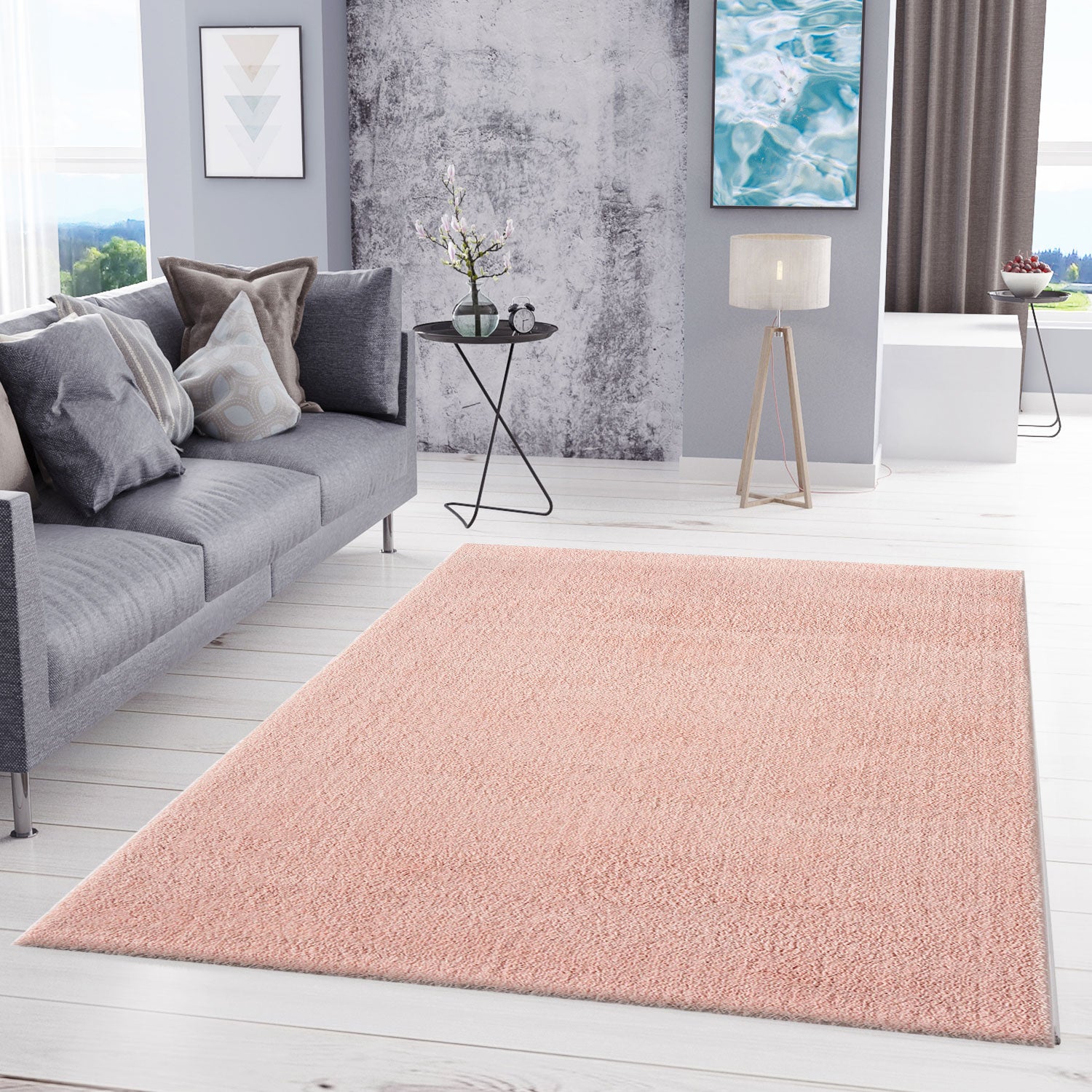 Living room rug in pastel rose, fluffy microfiber, densely woven - soft-1