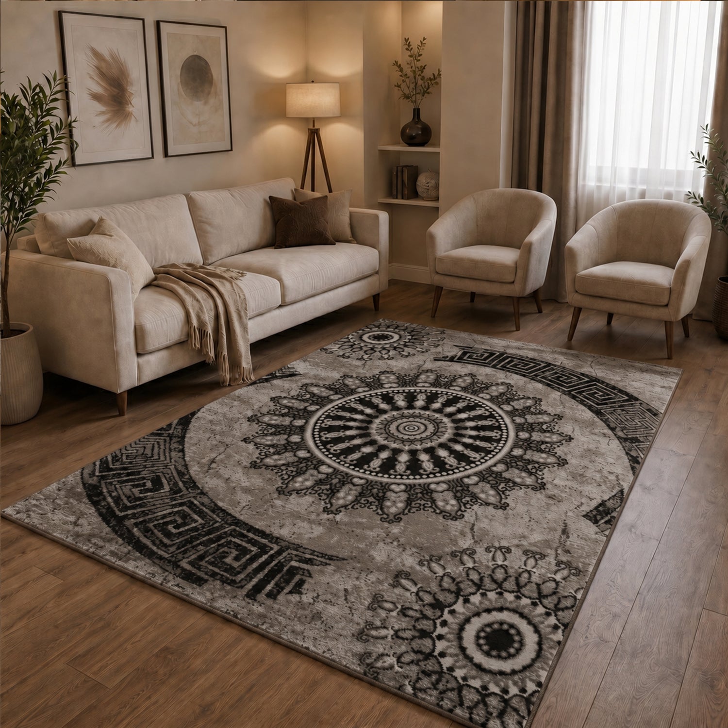 Short-pile rug, classic oriental design, vintage mandala, dark brown, brown, beige, for living room, bedroom-zoom-1