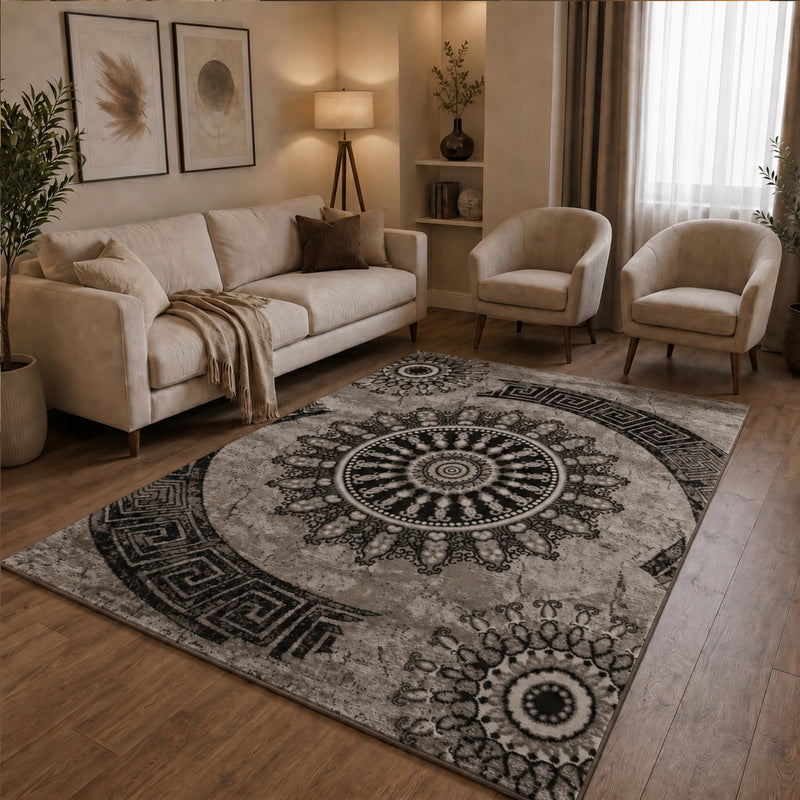 Short-pile rug, classic oriental design, vintage mandala, dark brown, brown, beige, for living room, bedroom-zoom-