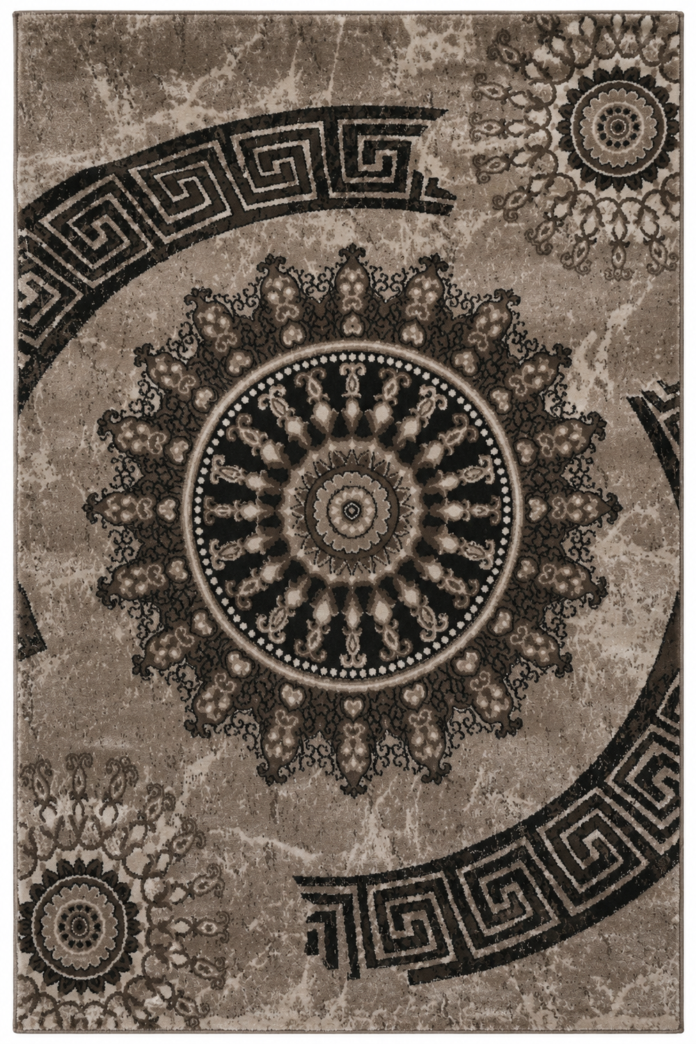 Short-pile rug, classic oriental design, vintage mandala, dark brown, brown, beige, for living room, bedroom-zoom-7