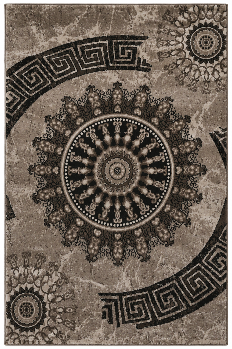 Short-pile rug, classic oriental design, vintage mandala, dark brown, brown, beige, for living room, bedroom-zoom-