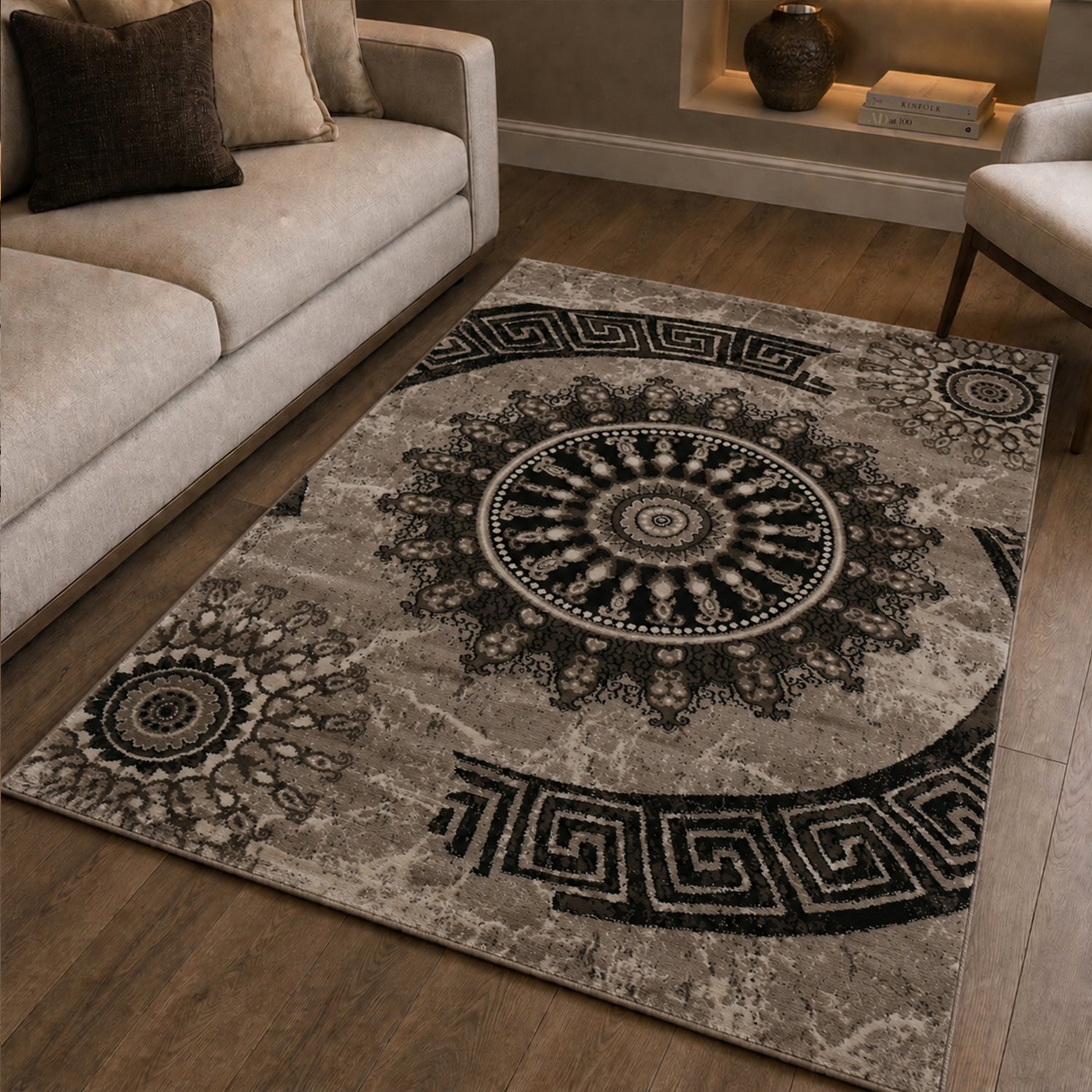 Short-pile rug, classic oriental design, vintage mandala, dark brown, brown, beige, for living room, bedroom-4