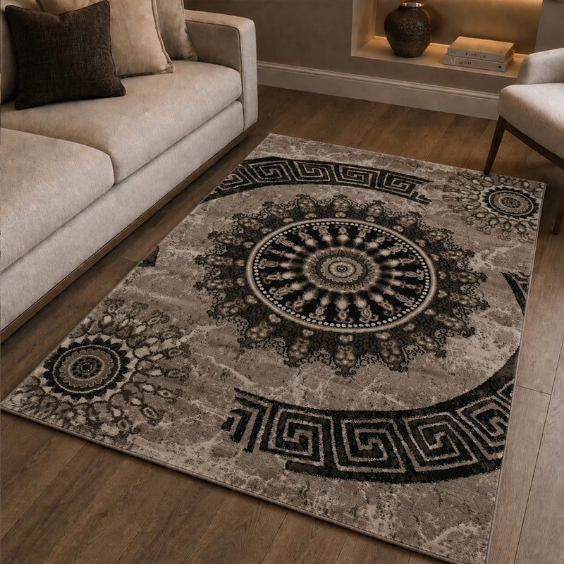 Short-pile rug, classic oriental design, vintage mandala, dark brown, brown, beige, for living room, bedroom-zoom-