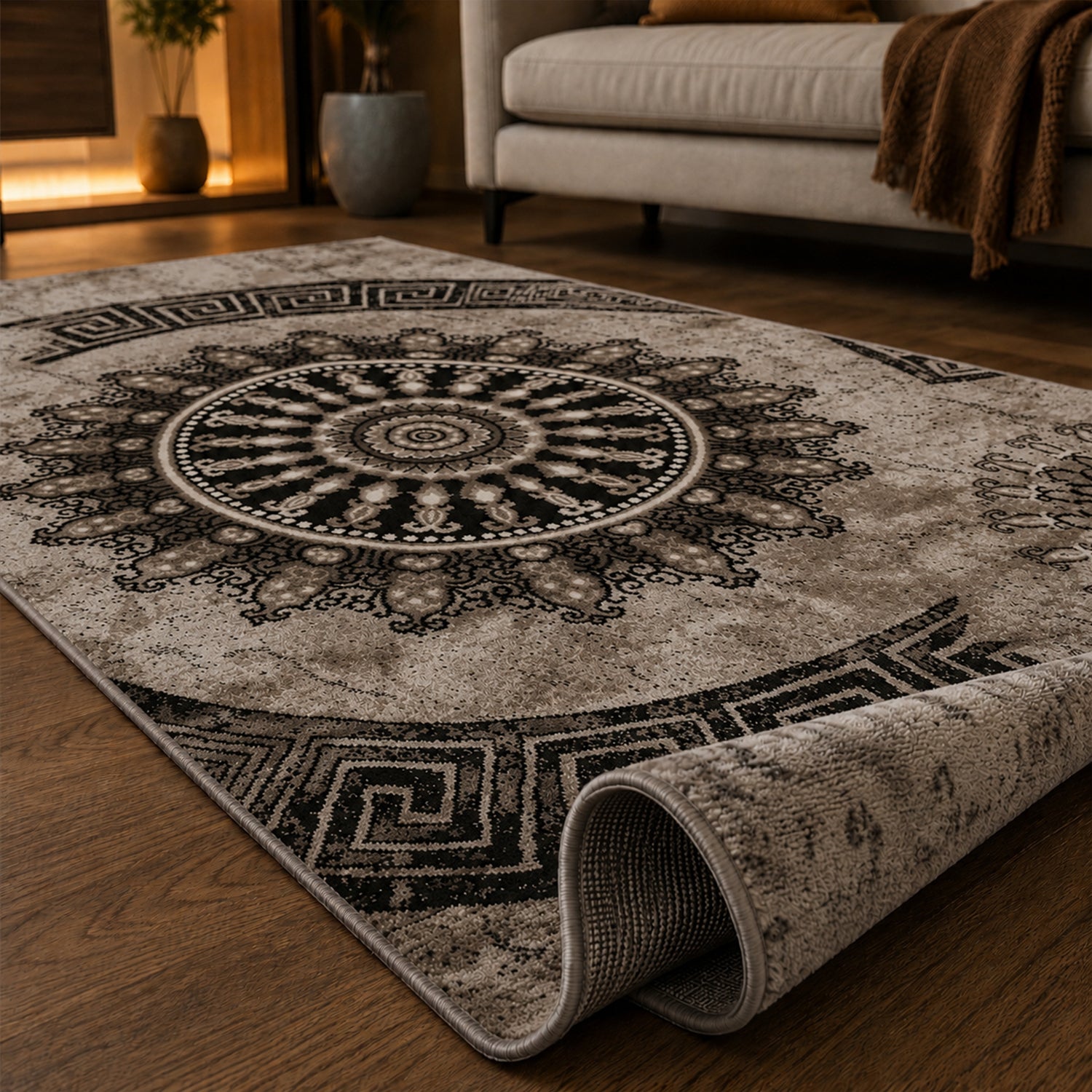 Short-pile rug, classic oriental design, vintage mandala, dark brown, brown, beige, for living room, bedroom-zoom-3