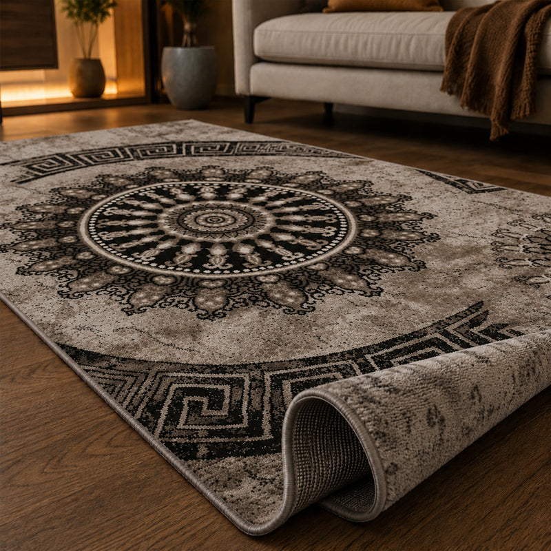 Short-pile rug, classic oriental design, vintage mandala, dark brown, brown, beige, for living room, bedroom-zoom-