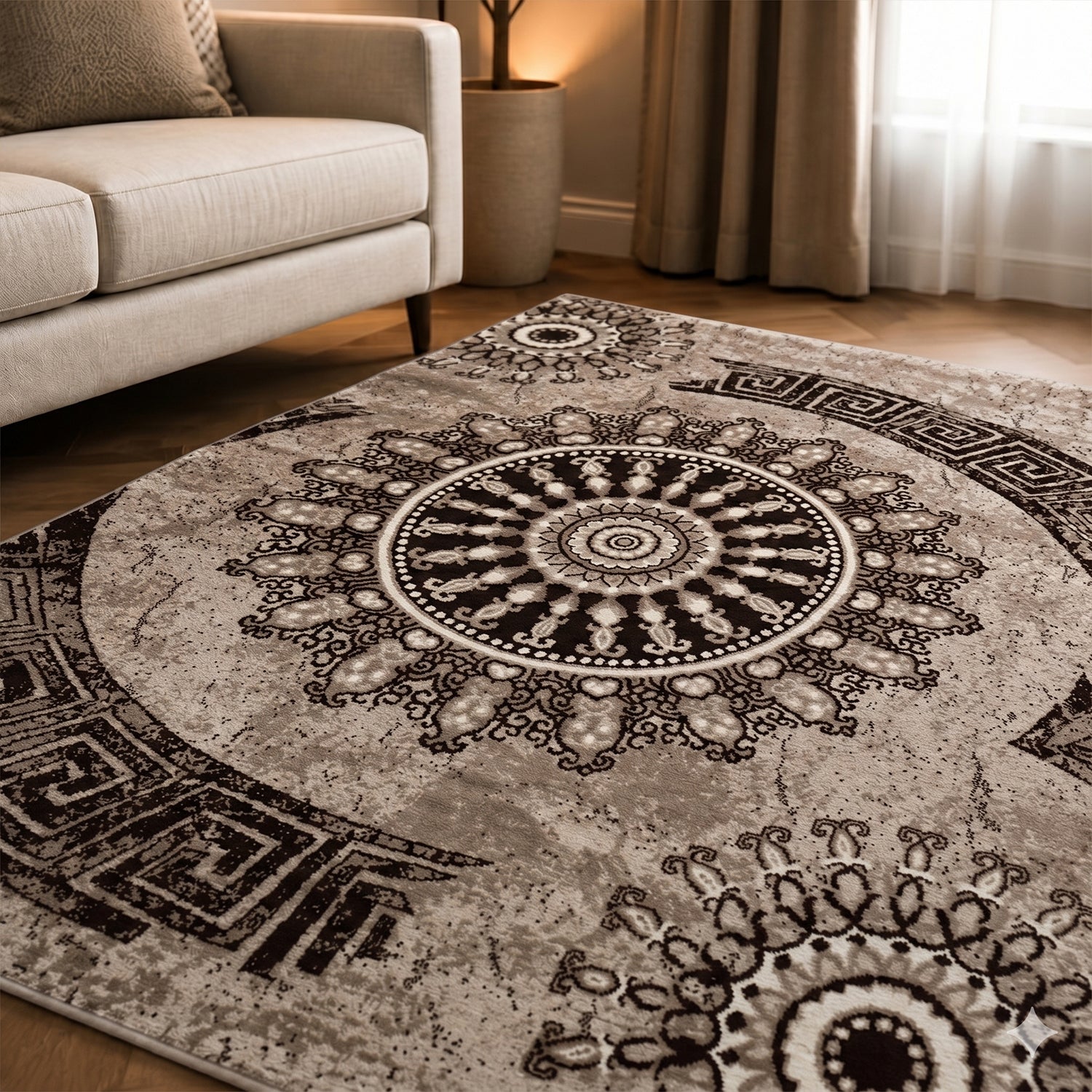 Short-pile rug, classic oriental design, vintage mandala, dark brown, brown, beige, for living room, bedroom-zoom-6