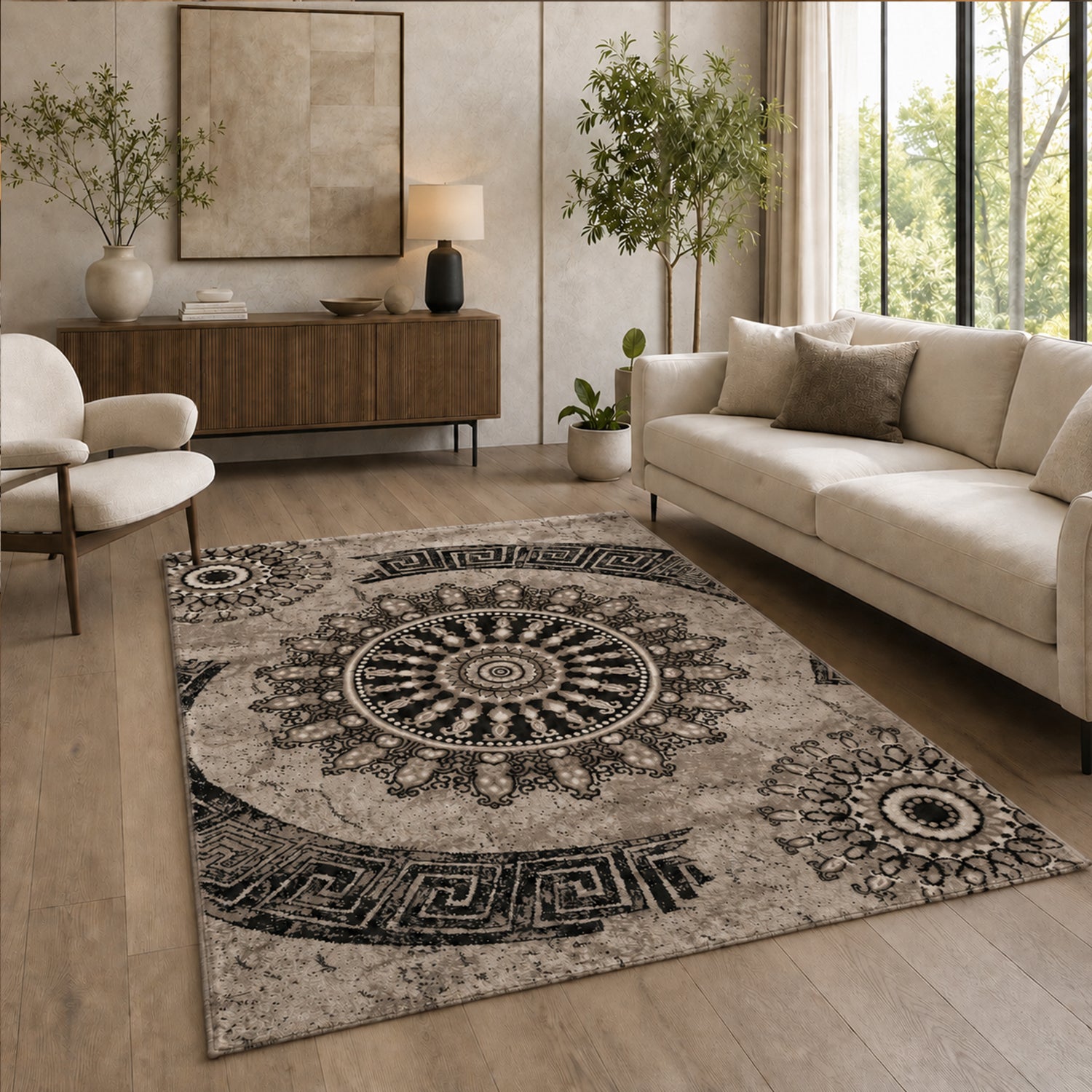 Short-pile rug, classic oriental design, vintage mandala, dark brown, brown, beige, for living room, bedroom-zoom-5