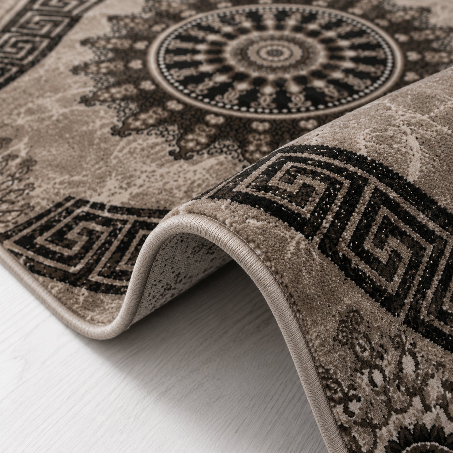 Short-pile rug, classic oriental design, vintage mandala, dark brown, brown, beige, for living room, bedroom