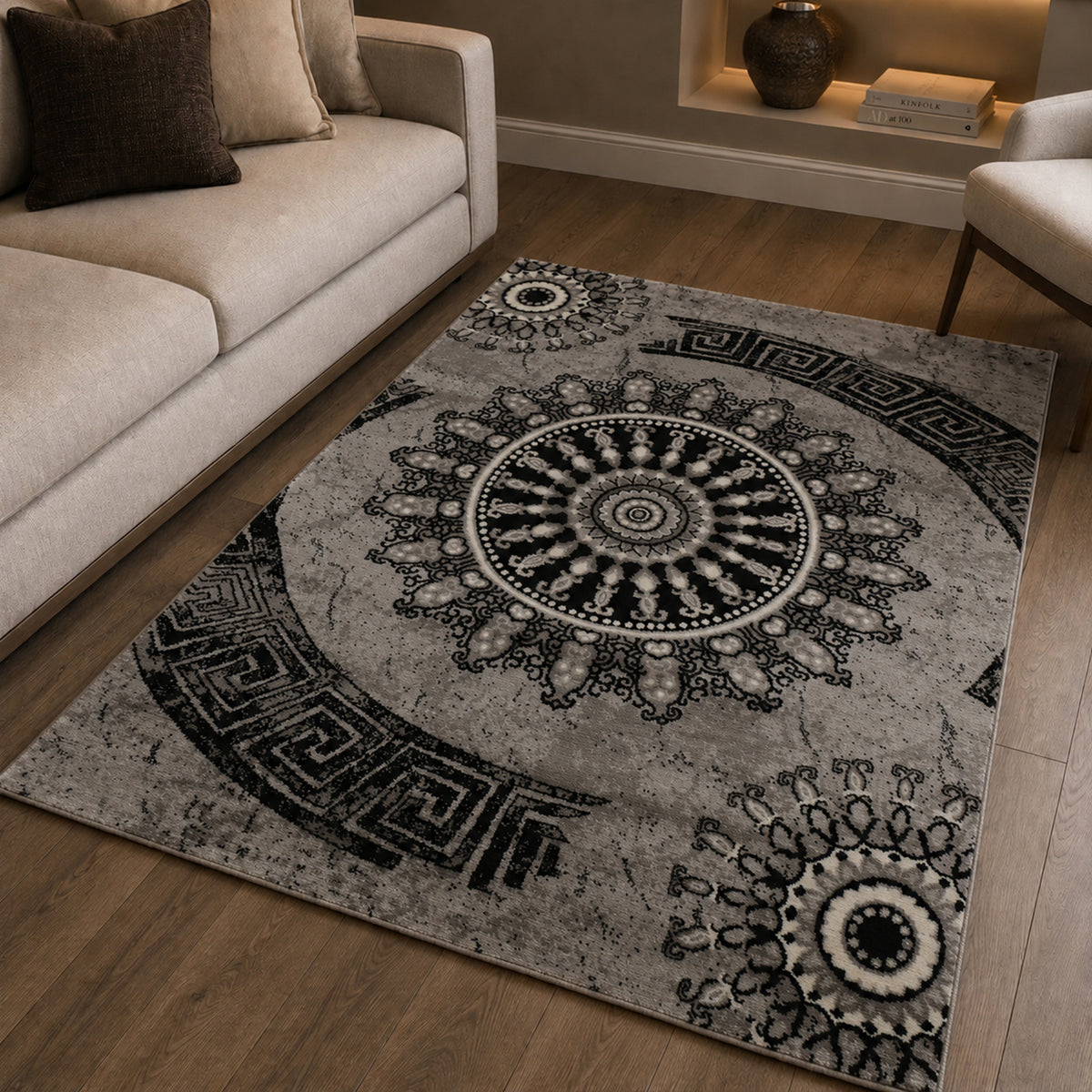 Short-pile rug, classic oriental design, vintage mandala, dark brown, grey, anthracite, for living room, bedroom