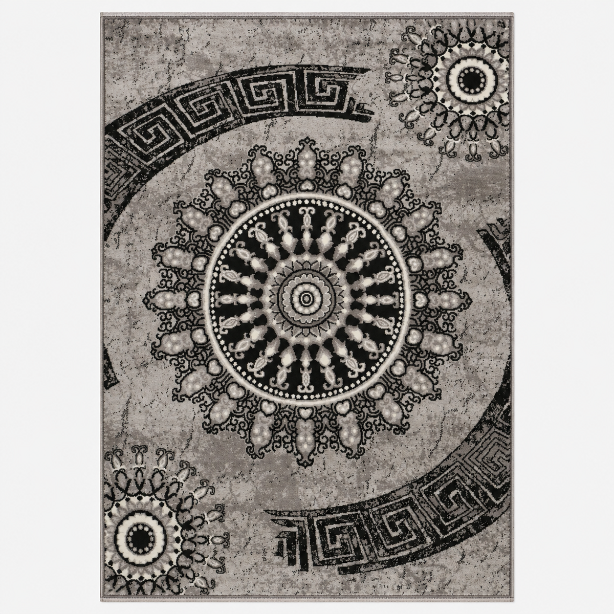 Short-pile rug, classic oriental design, vintage mandala, dark brown, grey, anthracite, for living room, bedroom