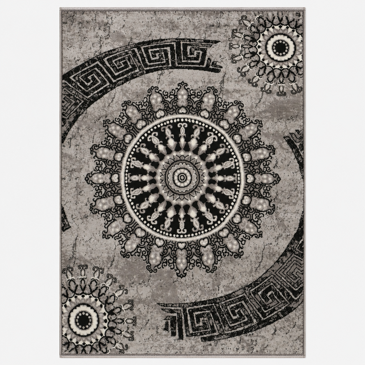Short-pile rug, classic oriental design, vintage mandala, dark brown, grey, anthracite, for living room, bedroom-zoom-1
