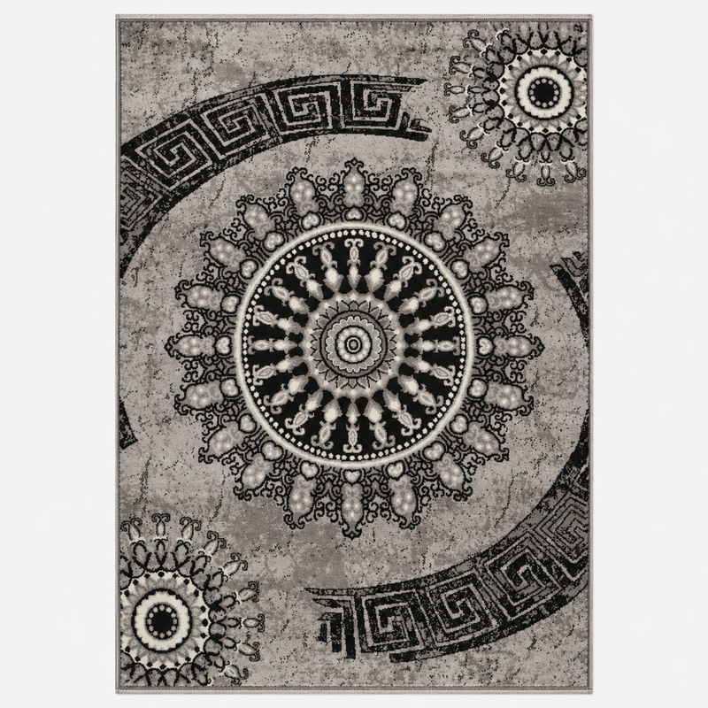 Short-pile rug, classic oriental design, vintage mandala, dark brown, grey, anthracite, for living room, bedroom-zoom-