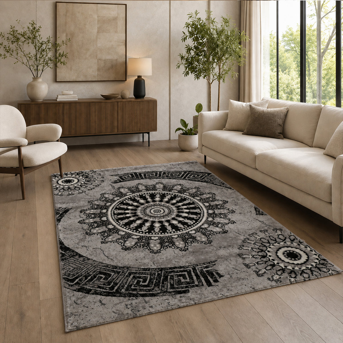Short-pile rug, classic oriental design, vintage mandala, dark brown, grey, anthracite, for living room, bedroom-zoom-5