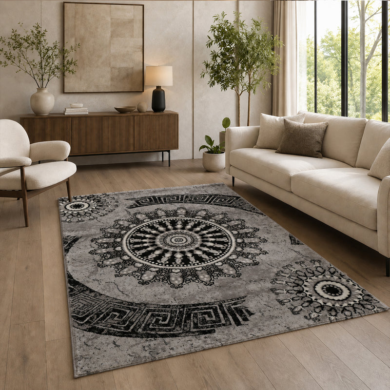 Short-pile rug, classic oriental design, vintage mandala, dark brown, grey, anthracite, for living room, bedroom-zoom-