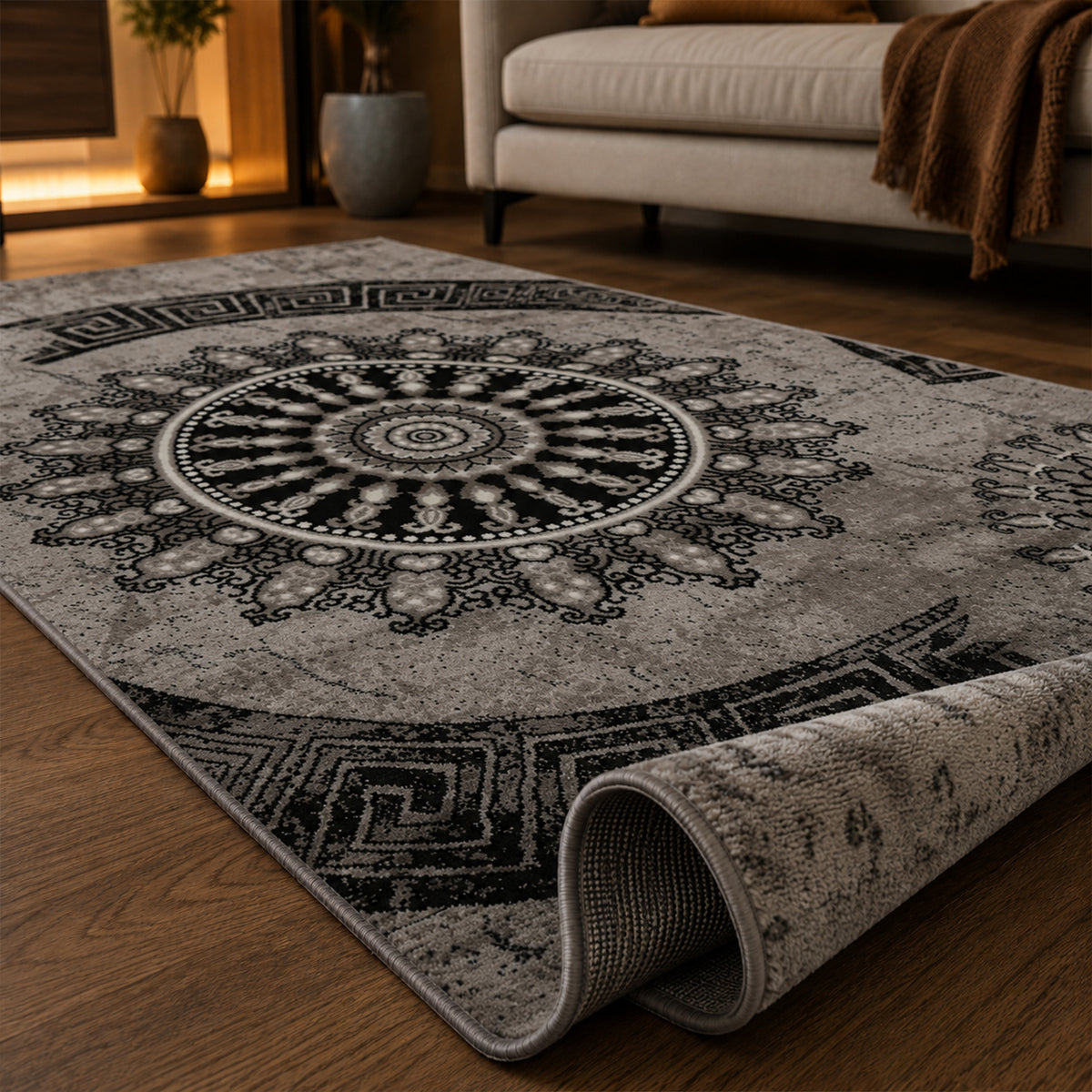 Short-pile rug, classic oriental design, vintage mandala, dark brown, grey, anthracite, for living room, bedroom-6