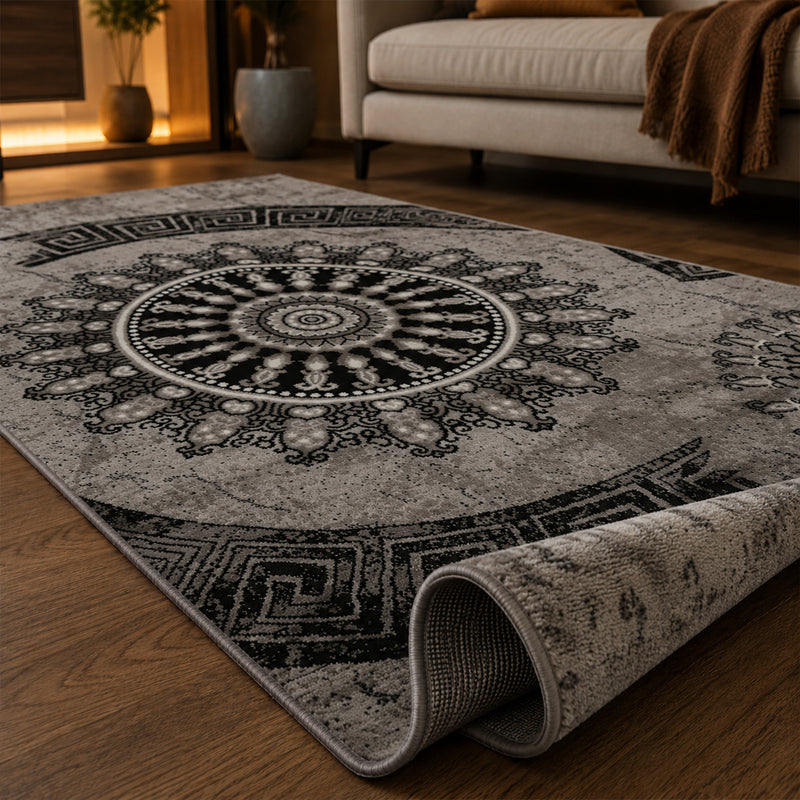 Short-pile rug, classic oriental design, vintage mandala, dark brown, grey, anthracite, for living room, bedroom-zoom-