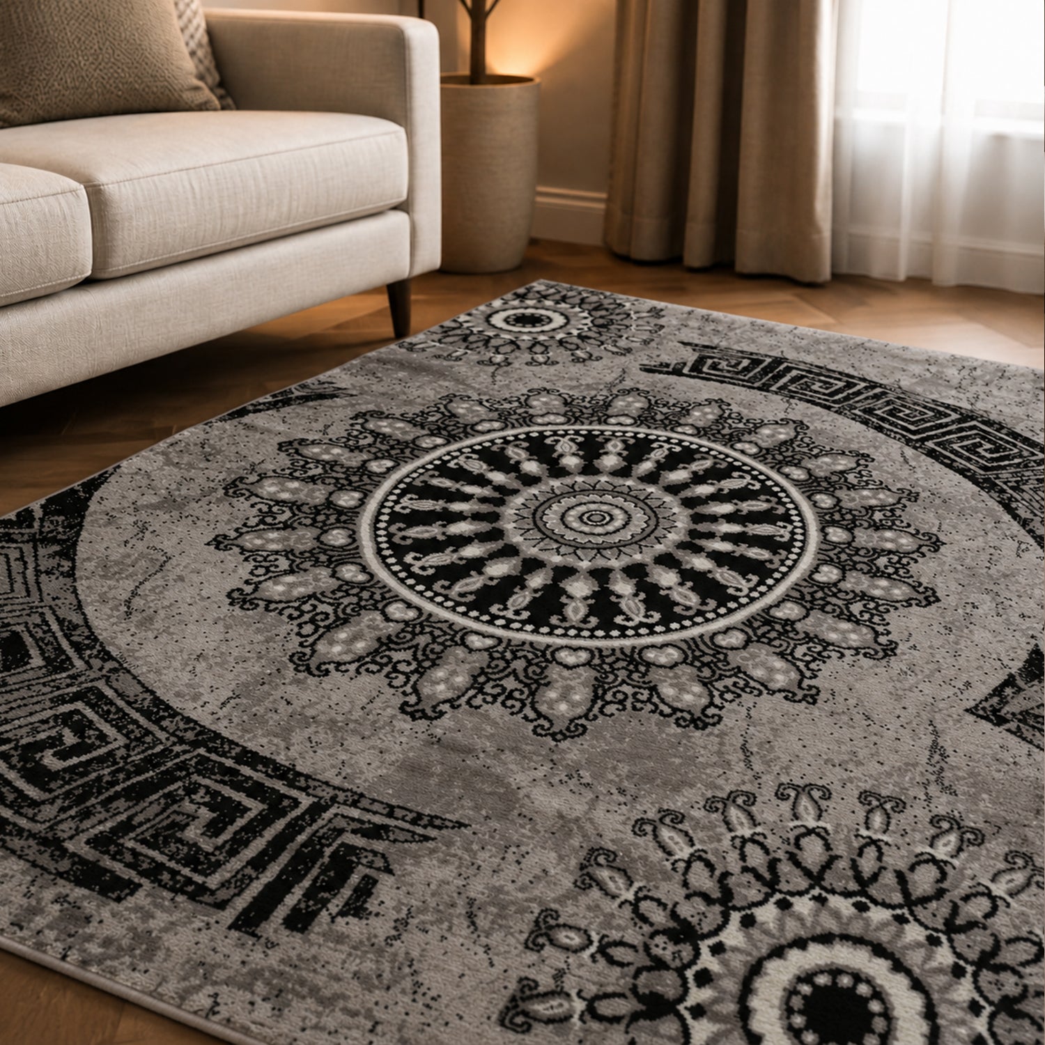 Short-pile rug, classic oriental design, vintage mandala, dark brown, grey, anthracite, for living room, bedroom-3