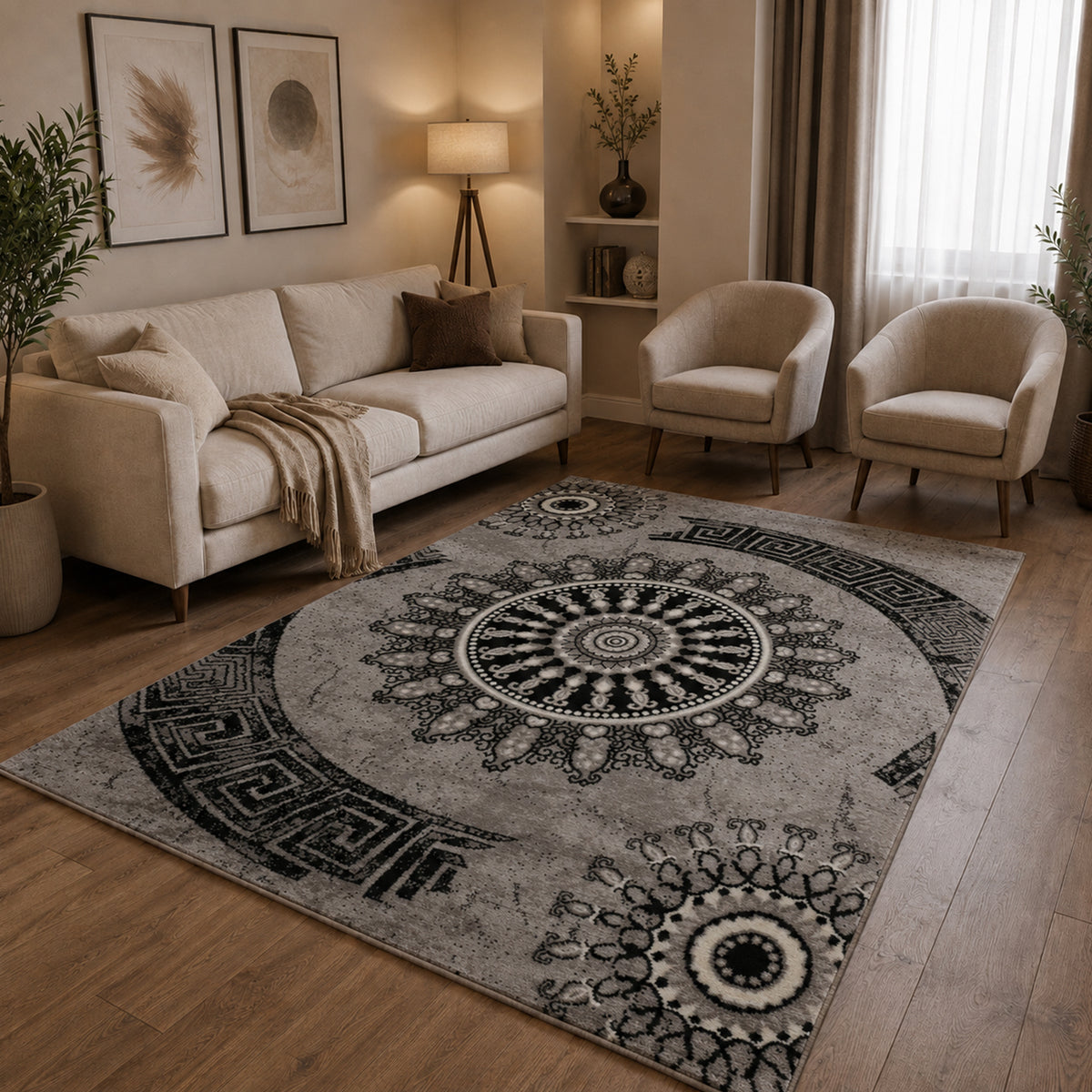 Short-pile rug, classic oriental design, vintage mandala, dark brown, grey, anthracite, for living room, bedroom-zoom-4