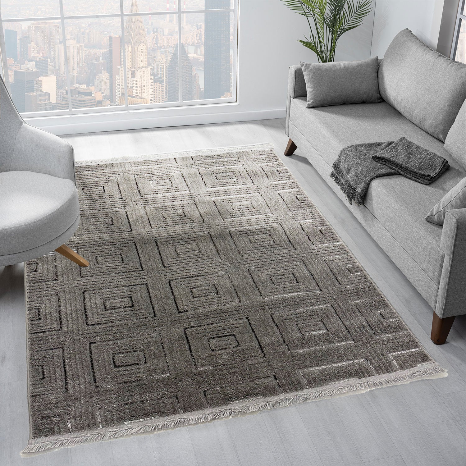 Short-pile carpet for living room, bedroom, hallway, thin, tile look, Lurex 3D, soft-zoom-6