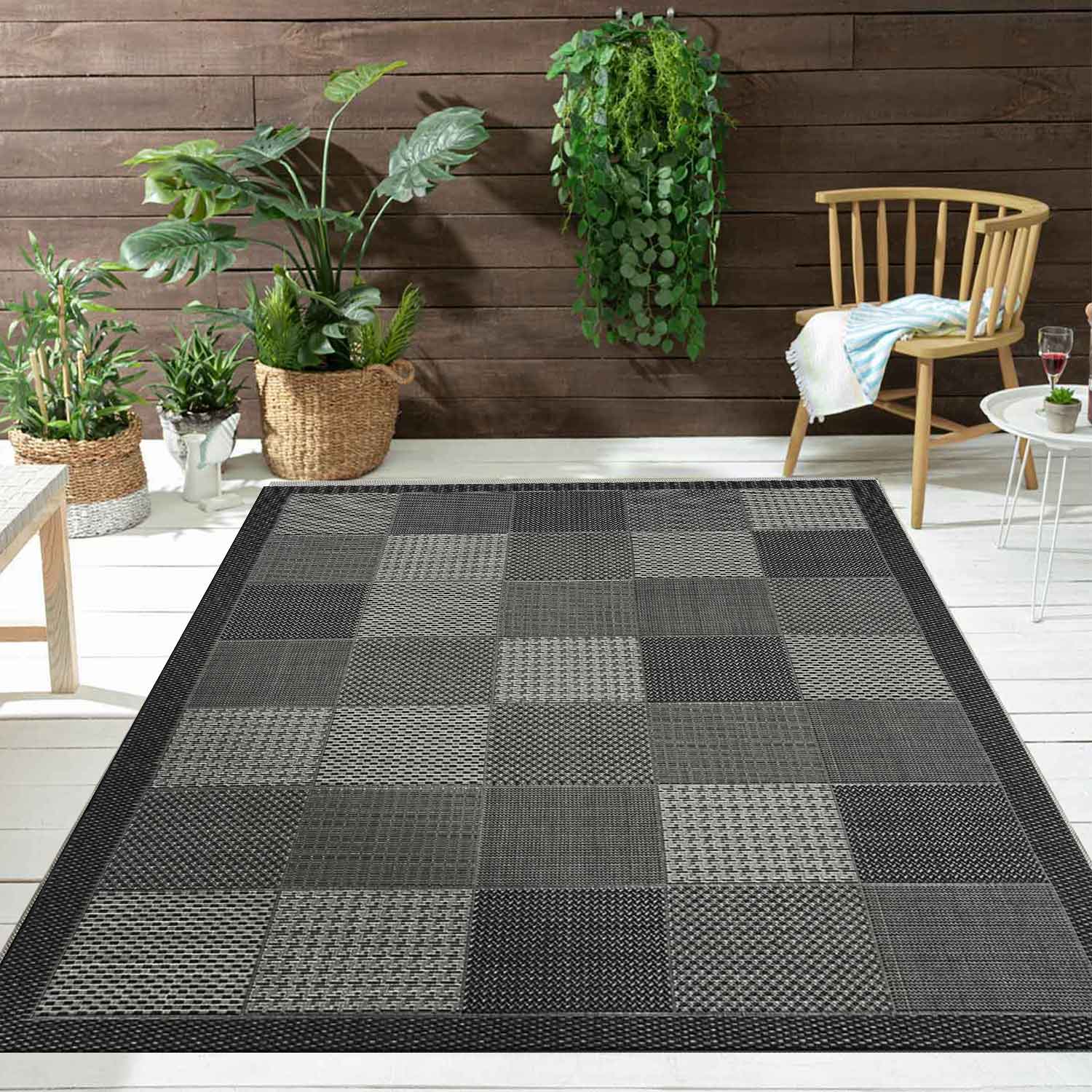 Teppiche In- und Outdoor Flachgewebe Terrasse Balkon Kacheloptik Grau Anthrazit-1