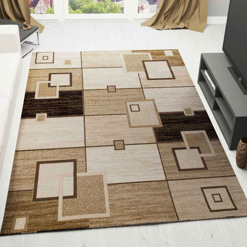 Designer living room rug, brown and beige checkered retro with geometric motifs and color gradient-zoom-