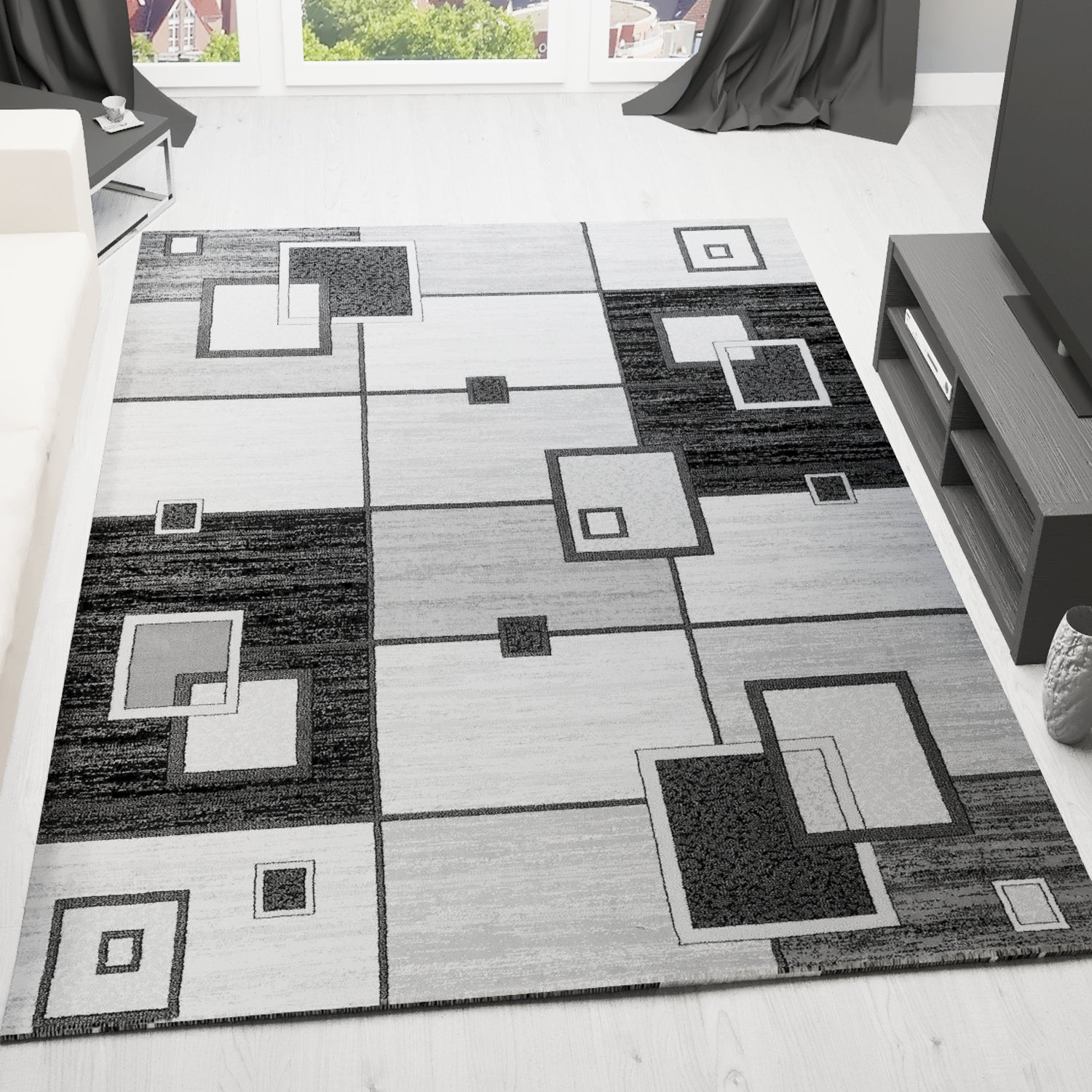 Designer living room rug, grey anthracite checkered retro with geometric motifs and color gradient-zoom-1