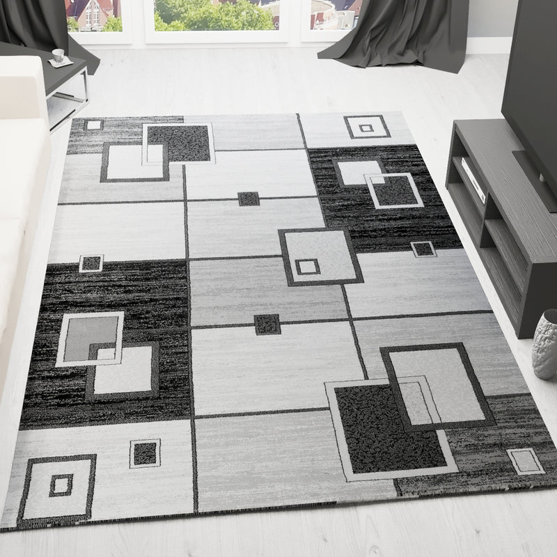Designer living room rug, grey anthracite checkered retro with geometric motifs and color gradient-zoom-