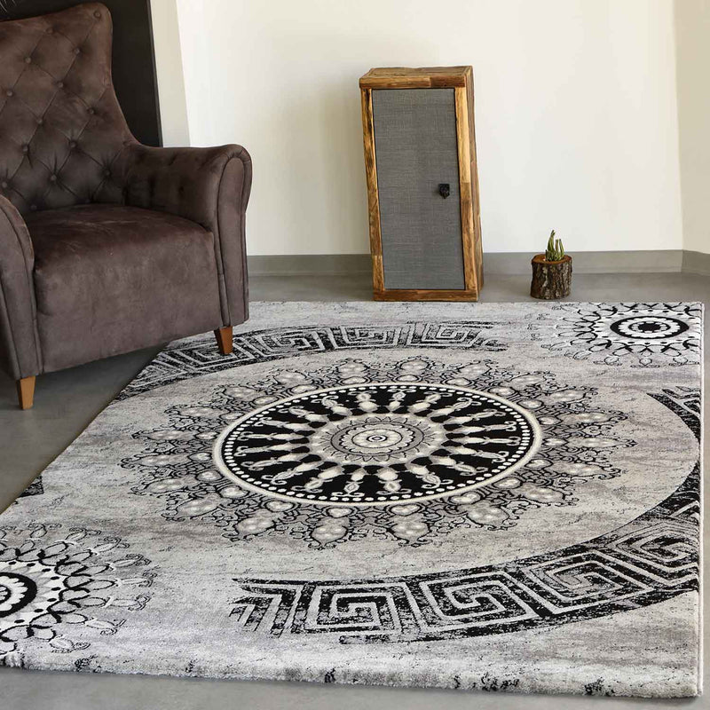 Short-pile rug, classic oriental design, vintage mandala, dark brown, grey, anthracite, for living room, bedroom-zoom-